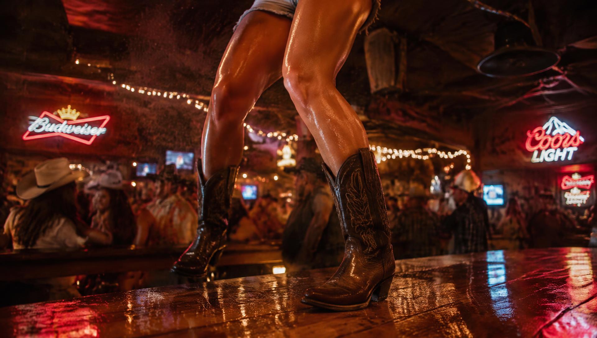Cowboy boots dancing on the bar under neon signs