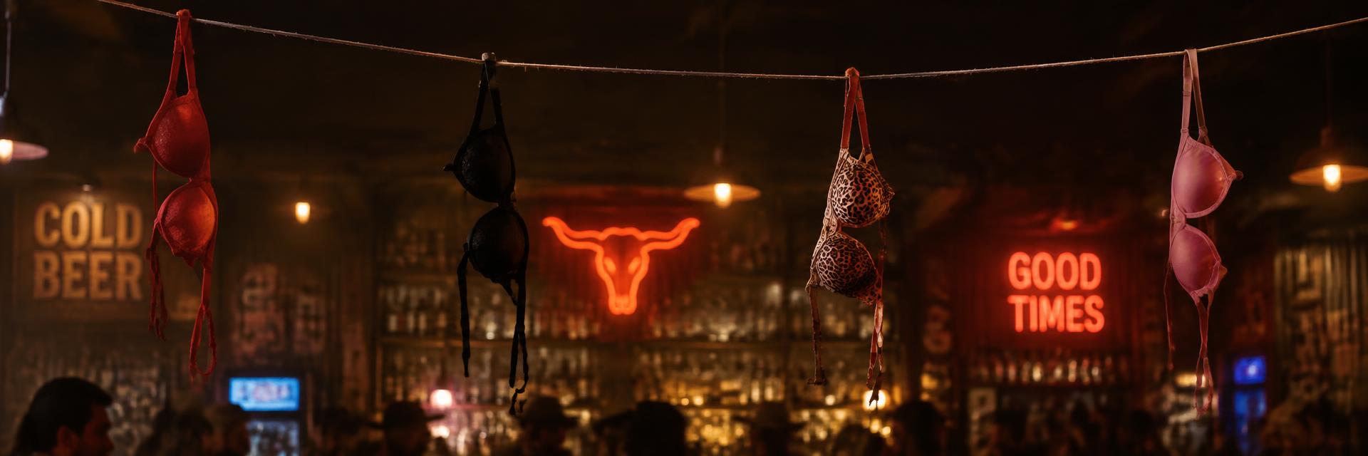 A line of bras strung across a dive bar ceiling